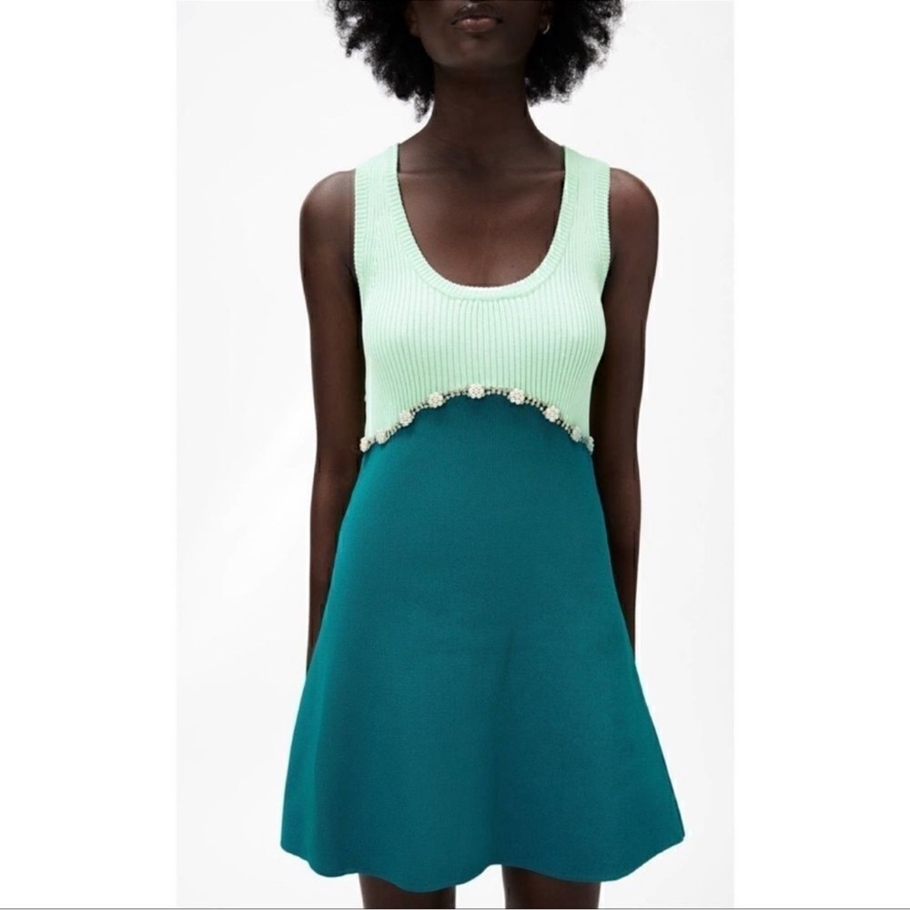 Zara Appliqué Mint Green and Teal Two-Tone Knit Dress